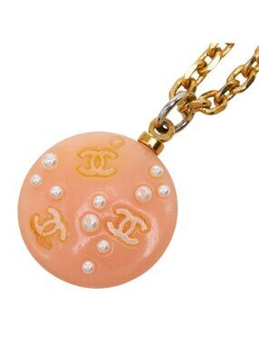 Chanel CC Logo Chain Necklace 03P Orange Gold Plastic Faux Pearl